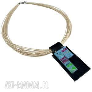 Czarno - niebieska zawieszka ze skóry z lnem, naszyjnik ze sznurka, skórzana zwieszka - wisior