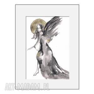 "anioł w złotej aureoli" ręcznie malowana i złocona grafika o wymiarach 30cm x