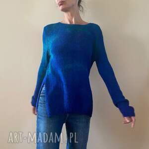 sweter jedwabno wełniany niebieski, bluzka dzianina naturalna przędza