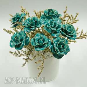 ceramiczna niebiesko - turkusowa róża, kwiat wiecznie żywy prezent dla niej