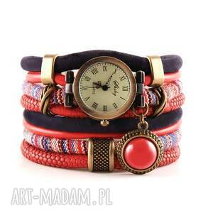 handmade zegarki zegarek - bransoletka w stylu boho, czerwono - granatowy