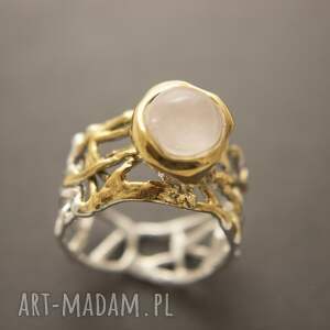 pierścionek srebrny z kwarcem różowym, siatka, prezent dla niej