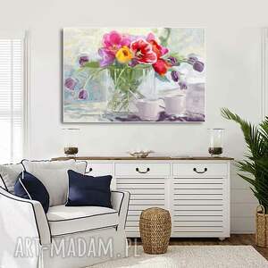 obraz na ścianę kwiaty tulipany w wazonie 120x80, pastelowy