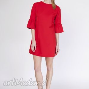 trapezowa sukienka, suk136 czerwony falbany, rękawy modna casual
