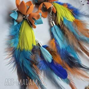 Kolczyki długie leciutkie pióra i kwiaty niezwykle zjawiskowe wykonane