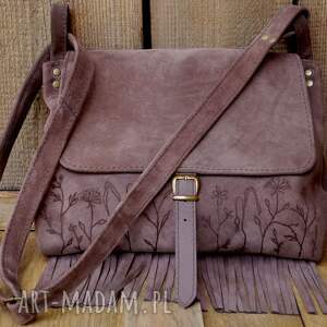 surowa baronowa skóra naturalna bury brąz zamszowa łąka frędzle, torebka boho