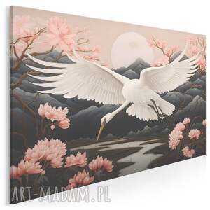 obraz do salonu - żuraw w locie sakura górski krajobraz 70x50 cm 106901