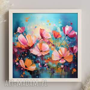 niebieski obraz różowymi kwiatami - plakat kwiaty, łąka kwietna wydruk