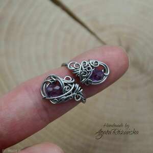 pierścionek regulowany ametysty, wire wrapping stal chirurgiczna