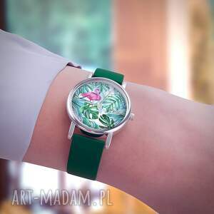 zegarek mały - flaming, tropikalny silikonowy, zielony niej prezent