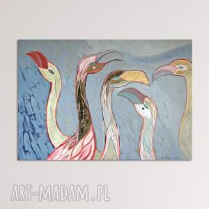 obraz oryginał na płótnie 100x70 cm - flamingi, ręcznie malowany, ptaki