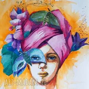 różowy turban akwarela artystki adriany laube - portret twarz ćmy kwiaty