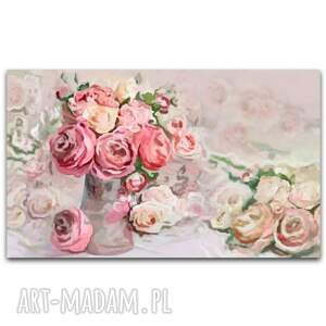 obraz na płótnie kompozycja róż i piwonii 100x60 pastelowe, kwiatowe