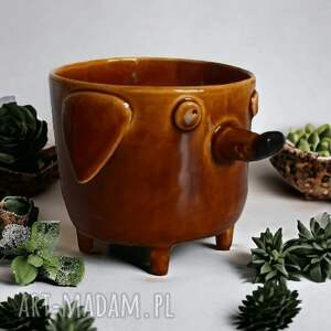 brązowa doniczka ceramiczna pies azorek - osłonka na prezent rękodzieło