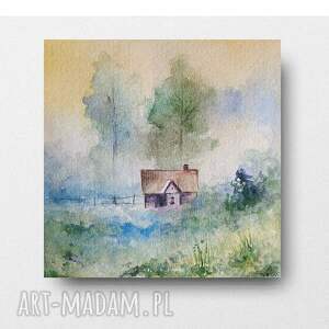 PEJZAŻ - praca formatu 20/20 cm, akwarela, dom