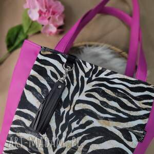 handmade na ramię duża torba na ramię tygrys welur ekoskóra fuksja