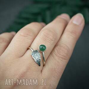 pierścionek liść paproci z awenturynem, pierścionek z zielonym