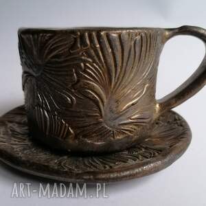 filiżanka i talerzyk złoto - złota ceramika rękodzieło do kawy