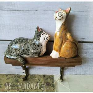Wieszak z 2 kotami, ceramika, kot, drewno