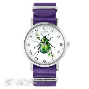 yenoo zegarek - zielony żuczek fioletowy, nylonowy, typ militarny, chrabąszcz