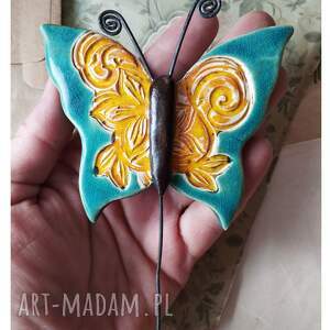 handmade ceramika motyl turkusowy na druciku