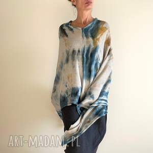 anna damzyn narzutka z wełny merino jasna ciemnym ponczo, tunika unikat