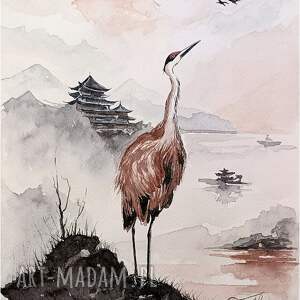 cisza przestworzy, akwarela 24x32 cm, żuraw, pejzaż, żurawie, zwierzęta, ptaki