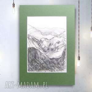 rysunek z pejzażem górskim, biało czarny szkic z górami, góry obrazek, skandynawski