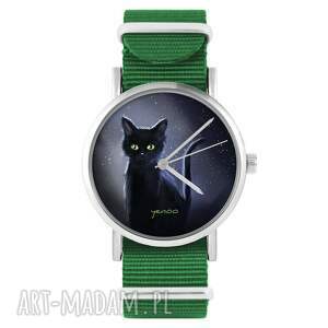 handmade zegarki zegarek - czarny kot, noc zielony, nylonowy