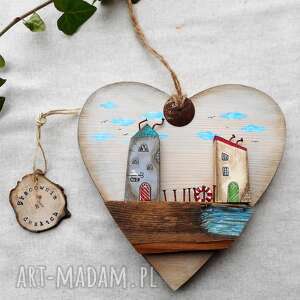 serce ozdobne z dokami nr 1, domki, dekoracja do powieszenia, drewno malowane