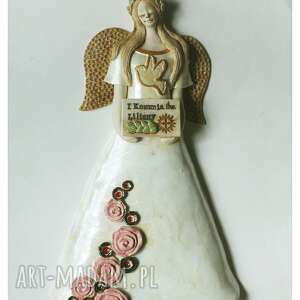 handmade ceramika anioł komunijny z różami