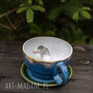handmade ceramika filiżanka z koniem| niebieska| filiżanka do kawy | kamionka | 350