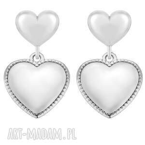 srebrne kolczyki podwójne serca, serduszkami, sercami, ozdobne
