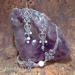 lilie srebrzyste ametyst w makramie zestaw lekkie kolczyki i bransoletka