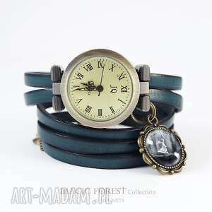 ręcznie robione bransoletka, zegarek - magiczny - skórzany, niebieski, antyczny