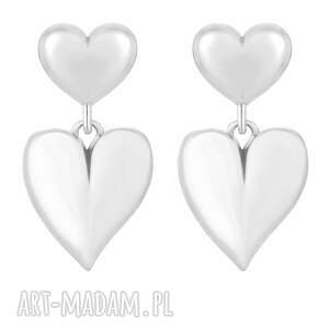 srebrne kolczyki podwójne serca, sercami, serduszkami, ozdobne
