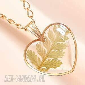 złoty naszyjnik z liściem paproci serce paproci, prawdziwe kwiaty, kwiaty