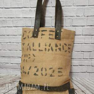 torba z worka po kawie i skóry - unikat, juta, eko kawa