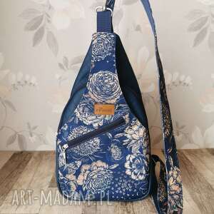 plecak kompaktowy dwukomorowy ekoskóra handmade na ramię kwiaty niebieski