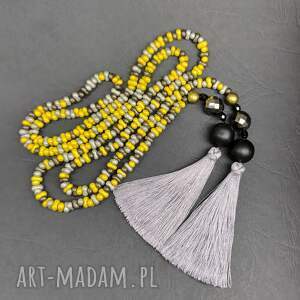 unikatart, naszyjnik długi sznur złoto szare korale szklane z chwostami naszyjnik kolorowy