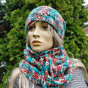 Energetyczny komplet wykonany na drutach, czapka i - komin handmade