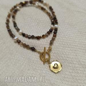 łaciaty brąz, perła, z sercem, naszyjnik, agat