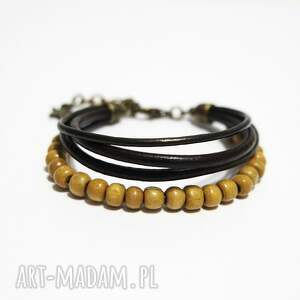 bransoletka - koraliki drewniane 2 rzemienie skórzane brązowe niej