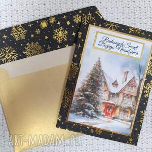 NawiasOtwartyOdSerca - kartka świąteczna z kieszonką na czarno - złotej bazie w śnieżynki 2