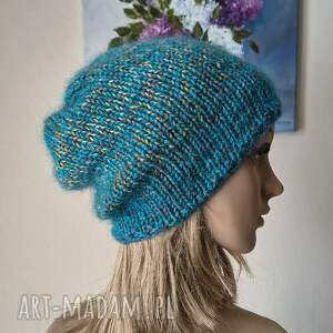 ręcznie na drutach - miła, ciepła, szlachetna czapka w turkusach, rękodzieło