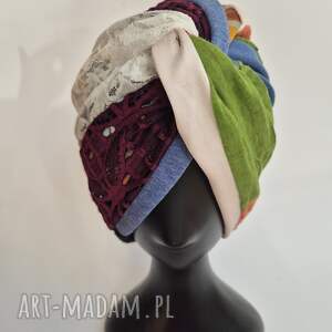 handmade czapki turban w uniwersalnym rozmiarze, niezwykle ciekawy, szyty z różnego