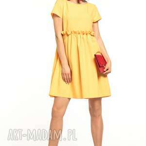 sukienka marszczona pod biustem, t306, żółta efekt falbanki luźny fason, wygodny