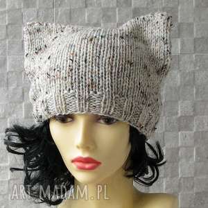 czapka kot - beż tweed, zima, dodatki, głowa, moda