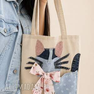 Mała shopper bag na ramię 100% bawełna - kotek zero waste z dżinsowej kieszeni - art-Madam.pl