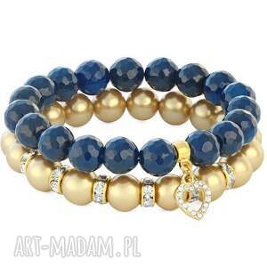 navy blue gold set, agat, perła, cyrkonia serce